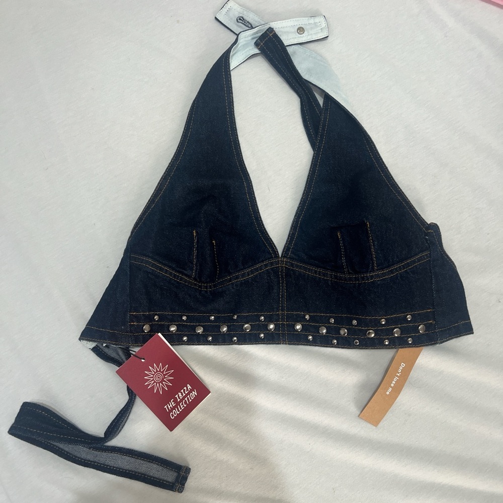 Reformation Blue Denim Studded Crop Top